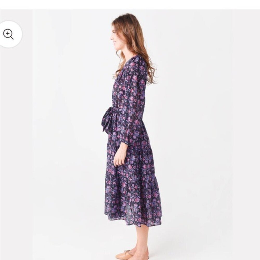 XiRENA Annieka Long Sleeve Belted Tie Midi Dress Silk Blend Floral Black Small - Picture 2 of 16